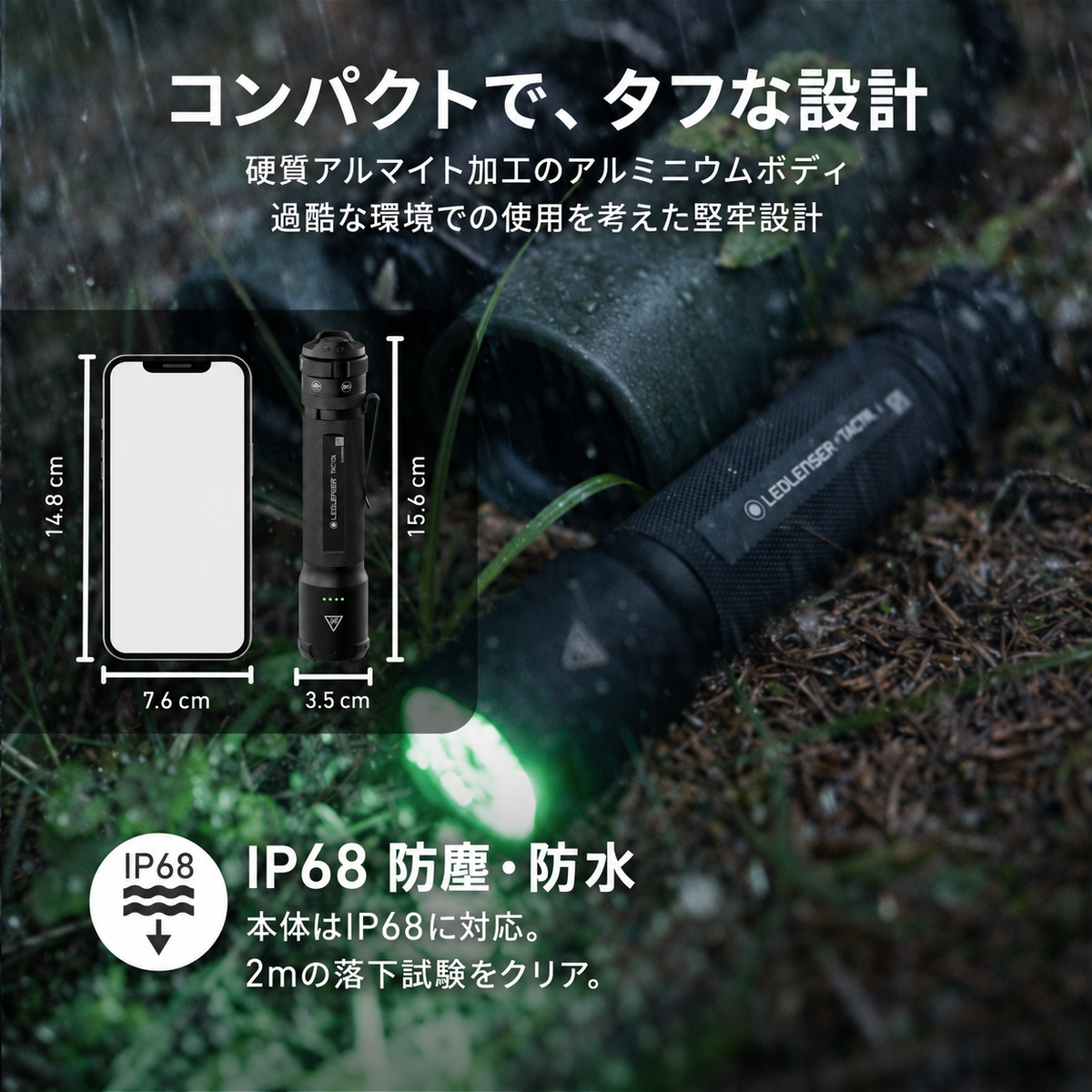 全長15.6cmの堅牢ボディ、本体IP68防塵防水、2m落下試験対応