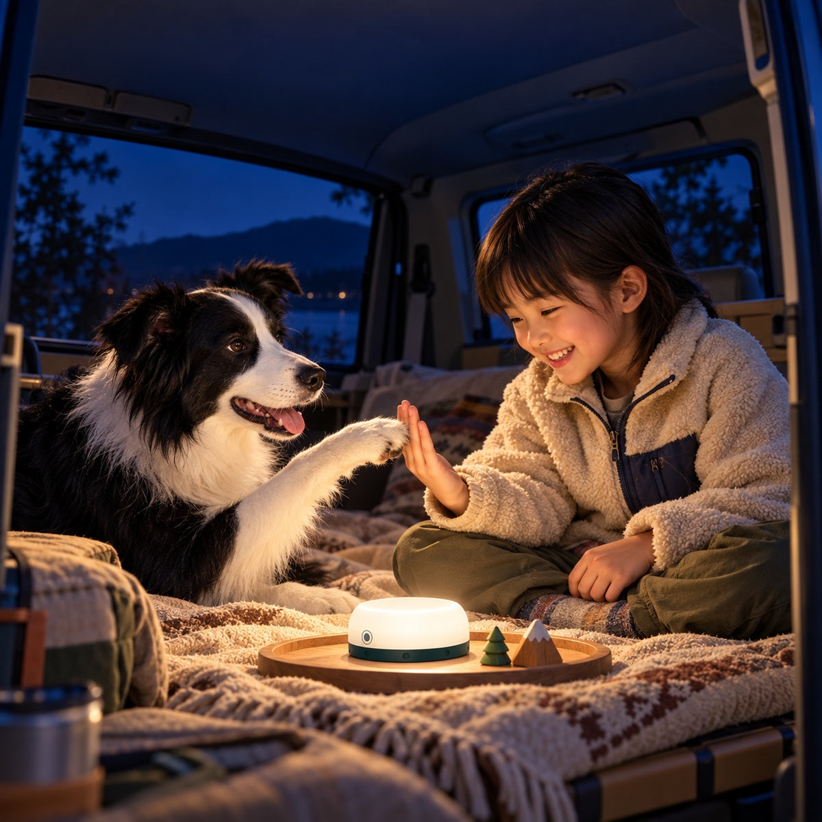 車中泊の車内で、グリーンのKIDCAMP6を囲んで遊ぶ子どもとボーダーコリーの使用イメージ