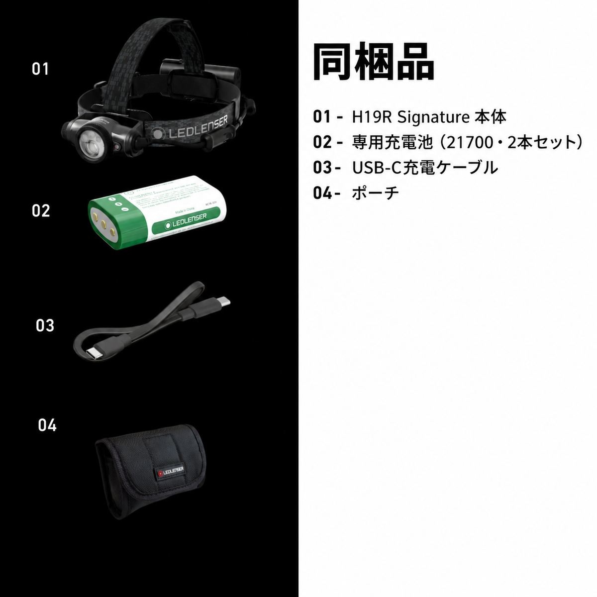 同梱品 01 H19R Signature 本体 02 専用充電池(21700・2本セット) 03 USB-C充電ケーブル 04 ポーチ