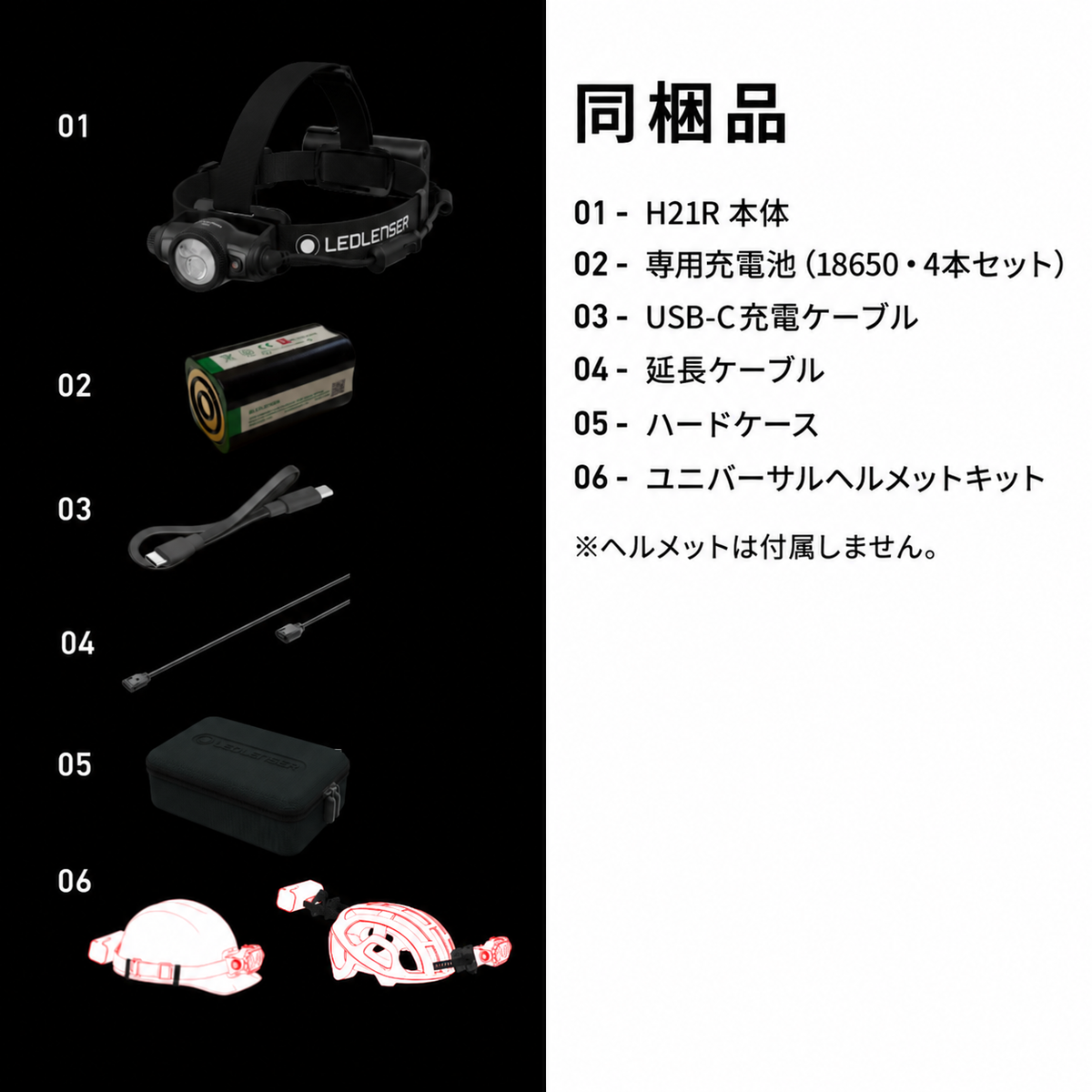 同梱品 01 H21R 本体 02 専用充電池(18650・4本セット) 03 USB-C充電ケーブル 04 延長ケーブル 05 ハードケース 06 ユニバーサルヘルメットキット ※ヘルメットは付属しません。