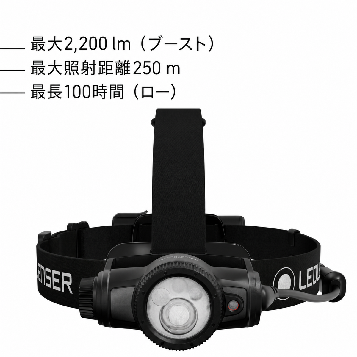 最大2,200 lm(ブースト) 最大照射距離250 m 最長100時間(ロー)