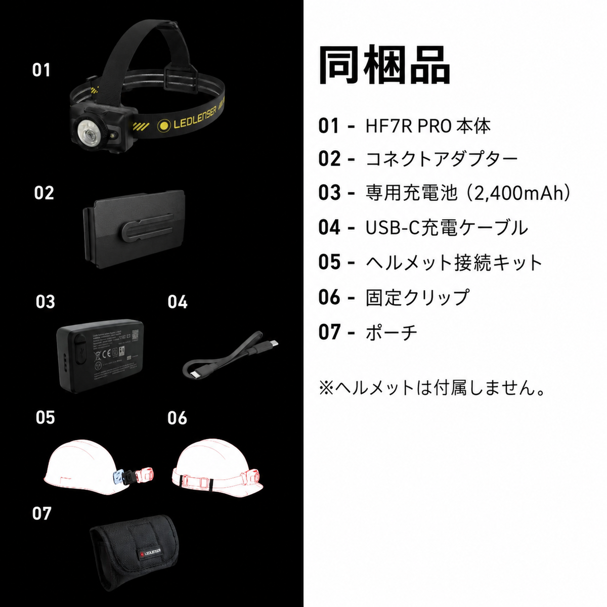 同梱品 01 HF7R PRO 本体 02 コネクトアダプター 03 専用充電池(2,400mAh) 04 USB-C充電ケーブル 05 ヘルメット接続キット 06 固定クリップ 07 ポーチ ※ヘルメットは付属しません。