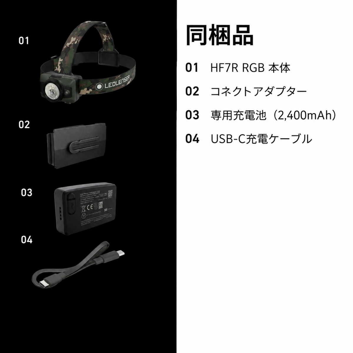 同梱品 01 HF7R RGB 本体 02 コネクトアダプター 03 専用充電池(2,400mAh) 04 USB-C充電ケーブル