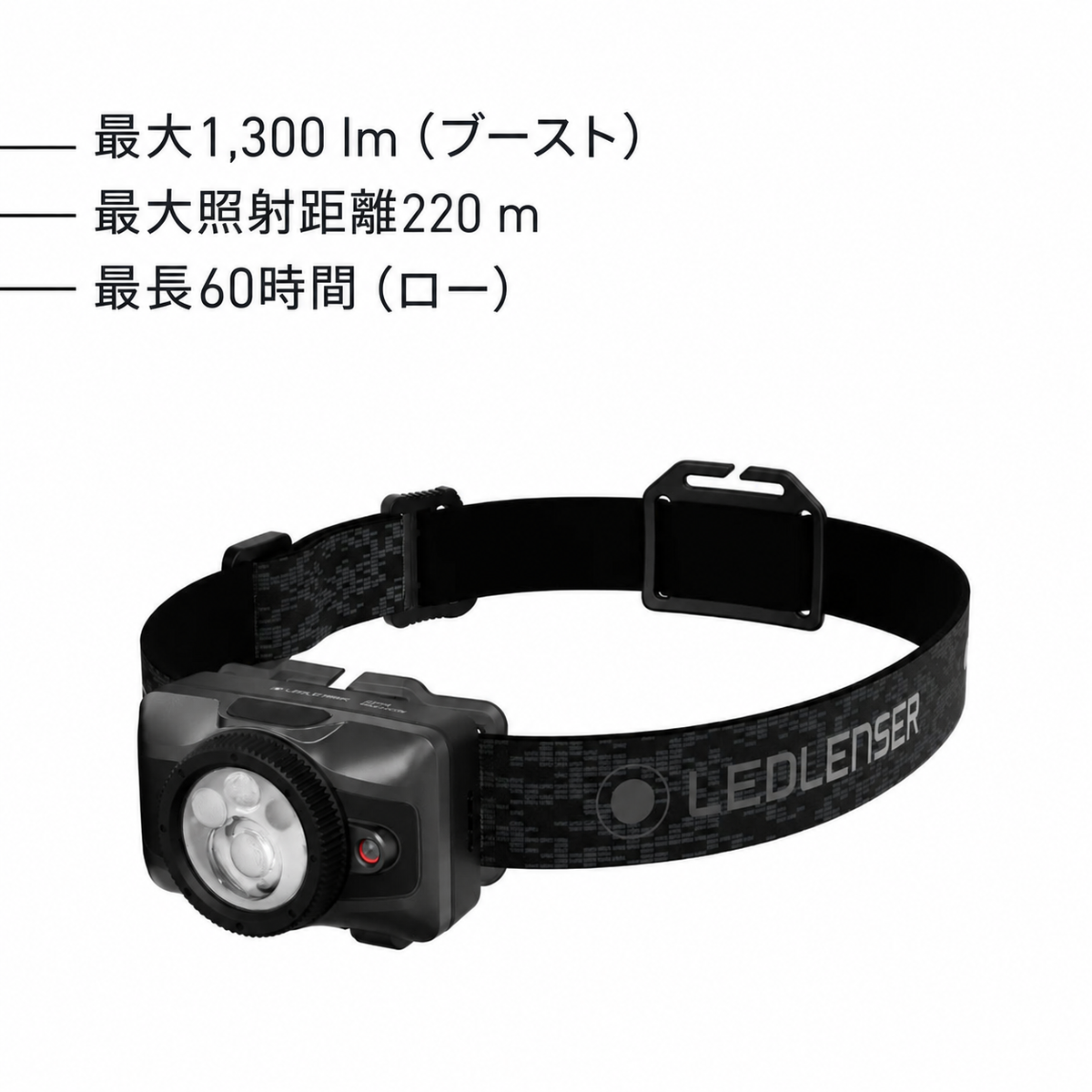 最大1,300 lm(ブースト) 最大照射距離220 m 最長60時間(ロー)