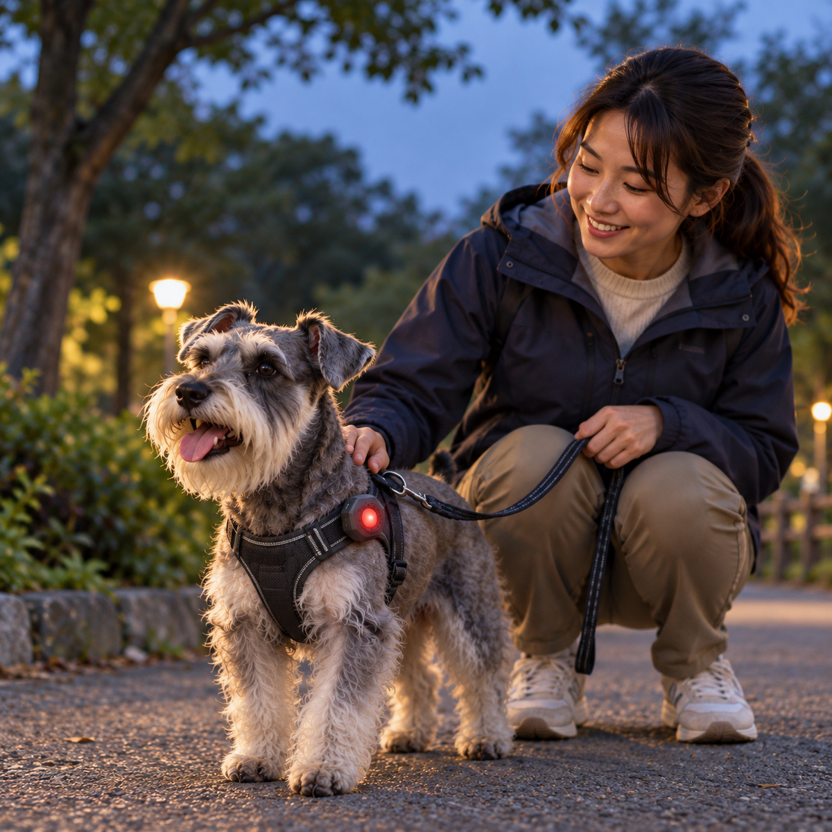 夕暮れの公園でシュナウザーに寄り添う飼い主。ハーネスにクリップで装着したCU2Rが赤く点灯する使用イメージ