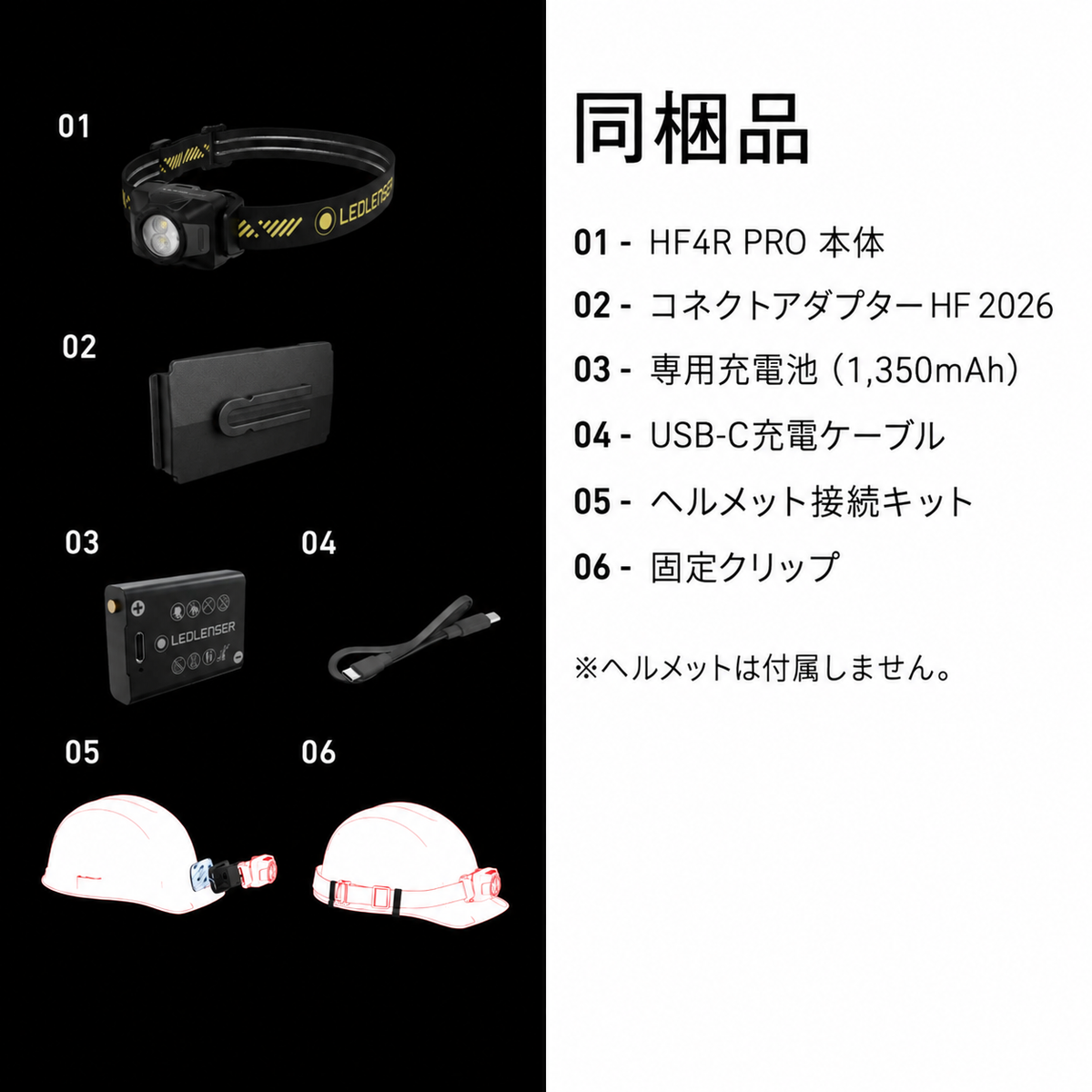 HF4R PRO 同梱品 専用充電池 USB-Cケーブル ヘルメット接続キット 固定クリップ