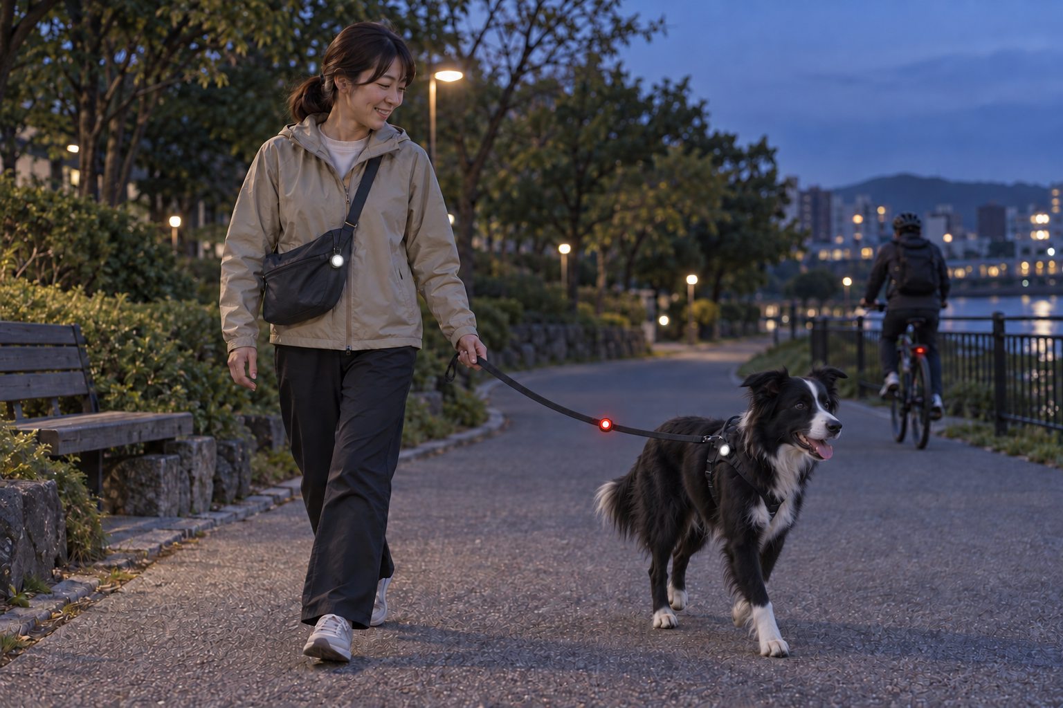 飼い主のバッグ、リード中央、愛犬のハーネスに小さな灯り。自転車はふたりの外側を通る夕暮れの散歩イメージ