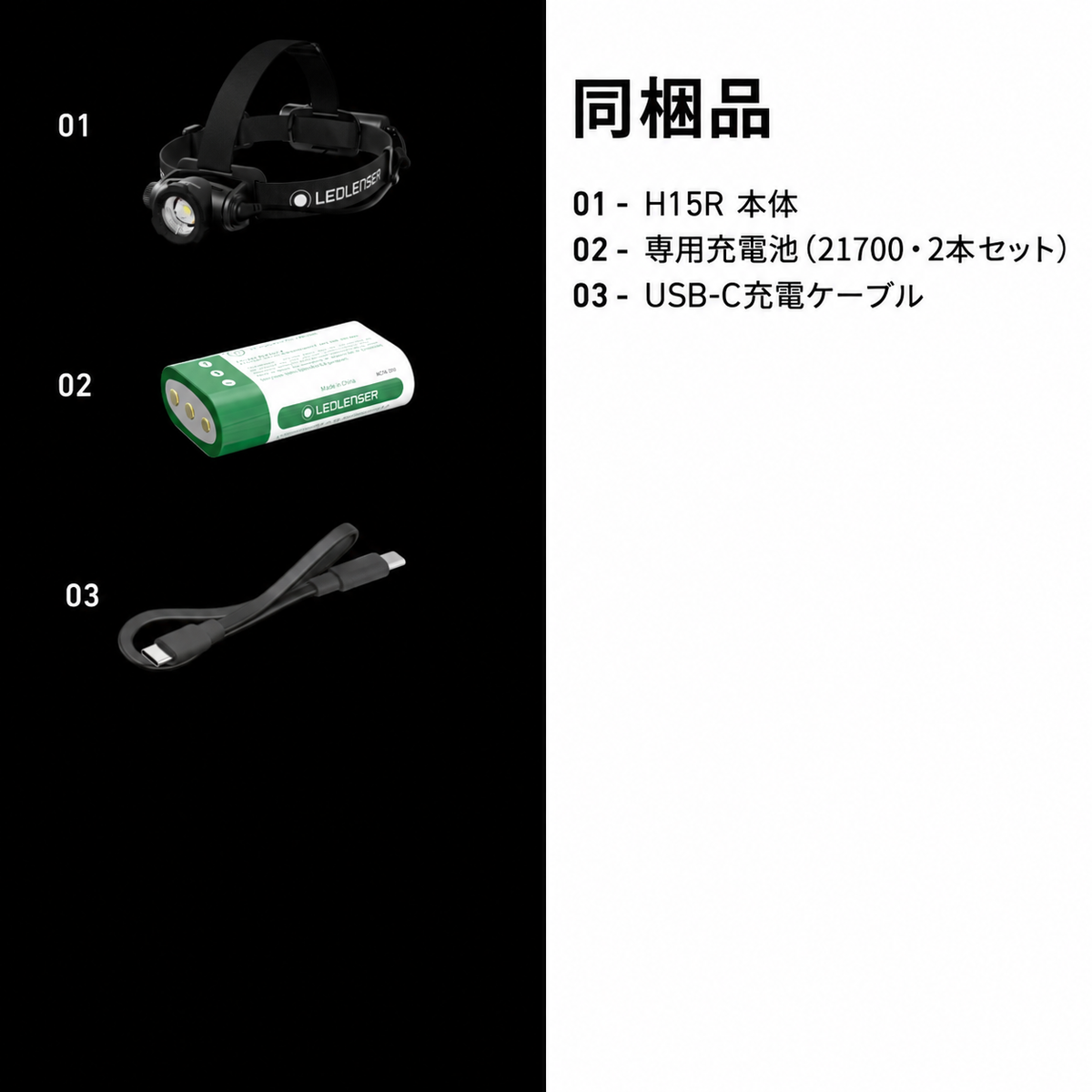 同梱品 01 H15R 本体 02 専用充電池（21700・2本セット） 03 USB-C充電ケーブル