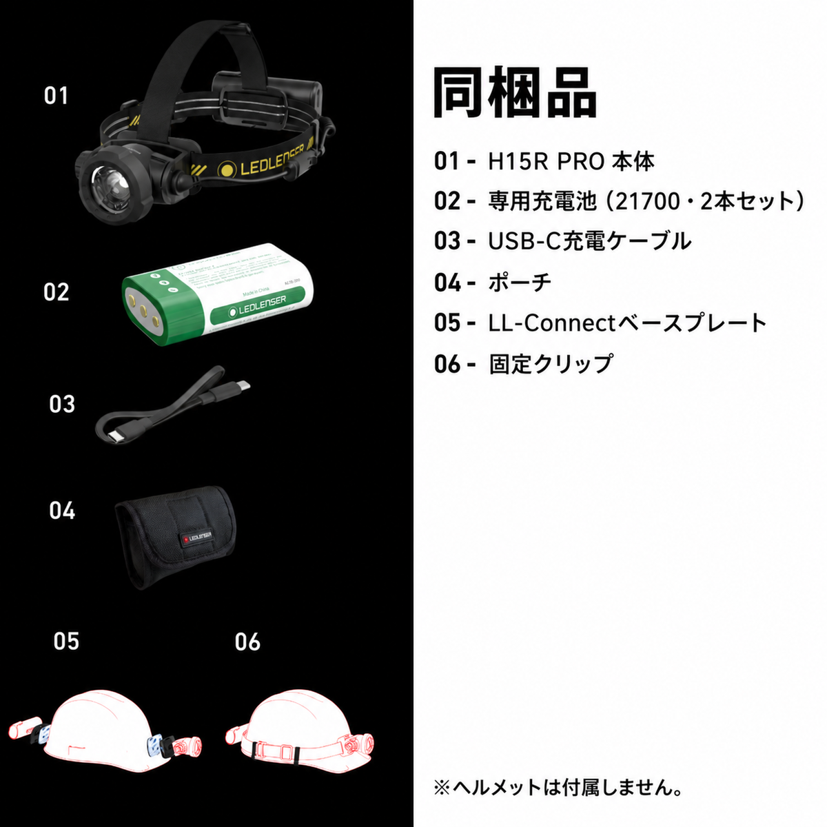 同梱品 01 H15R PRO 本体 02 専用充電池（21700・2本セット） 03 USB-C充電ケーブル 04 ポーチ 05 LL-Connectベースプレート 06 固定クリップ ※ヘルメットは付属しません。