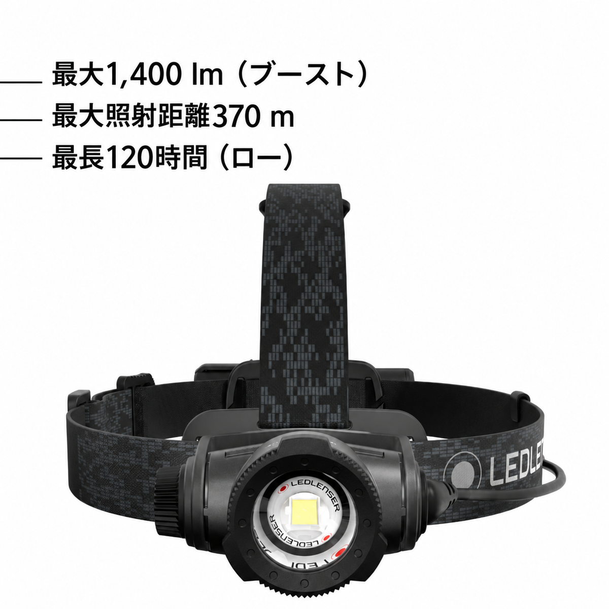 最大1,400 lm（ブースト） 最大照射距離370 m 最長120時間（ロー）