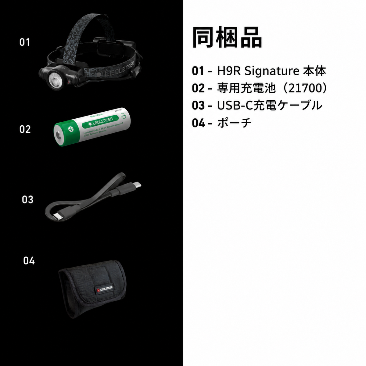 同梱品 01 H9R Signature 本体 02 専用充電池（21700） 03 USB-C充電ケーブル 04 ポーチ