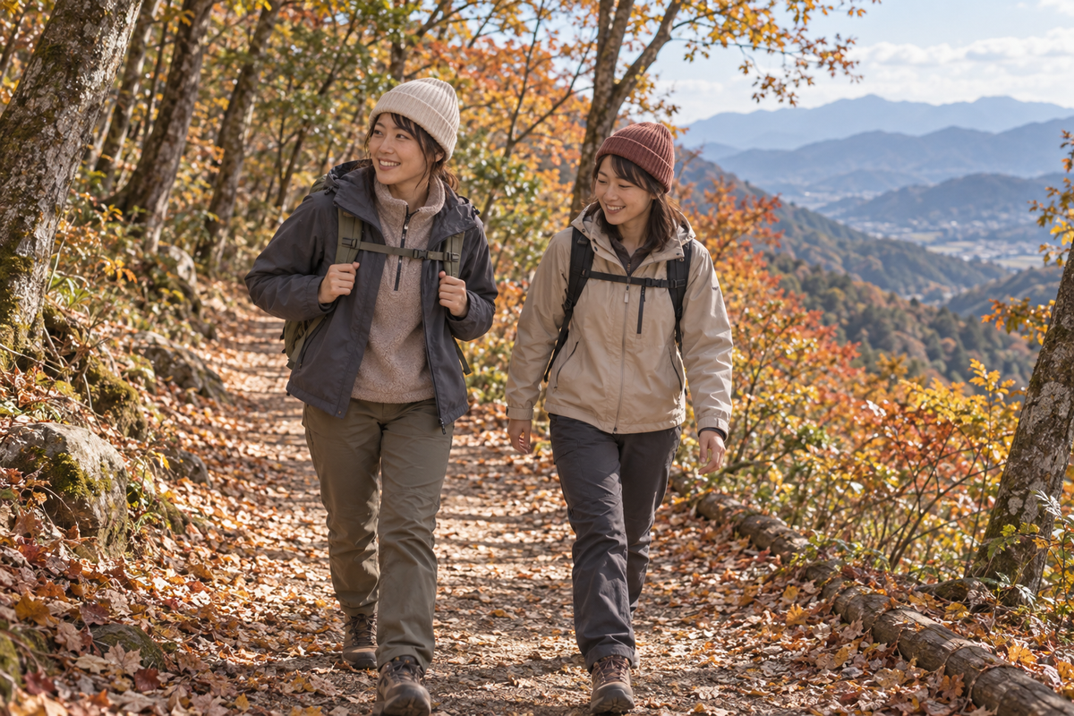 ニットキャップとフリースを合わせ、秋の山道を歩く二人の女性