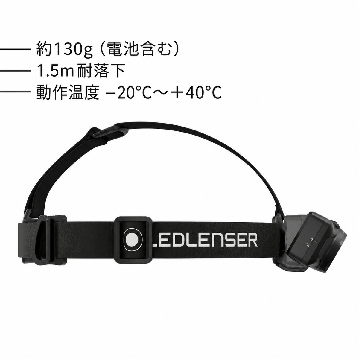 約130g（電池含む）。1.5m耐落下。動作温度 −20°C～＋40°C