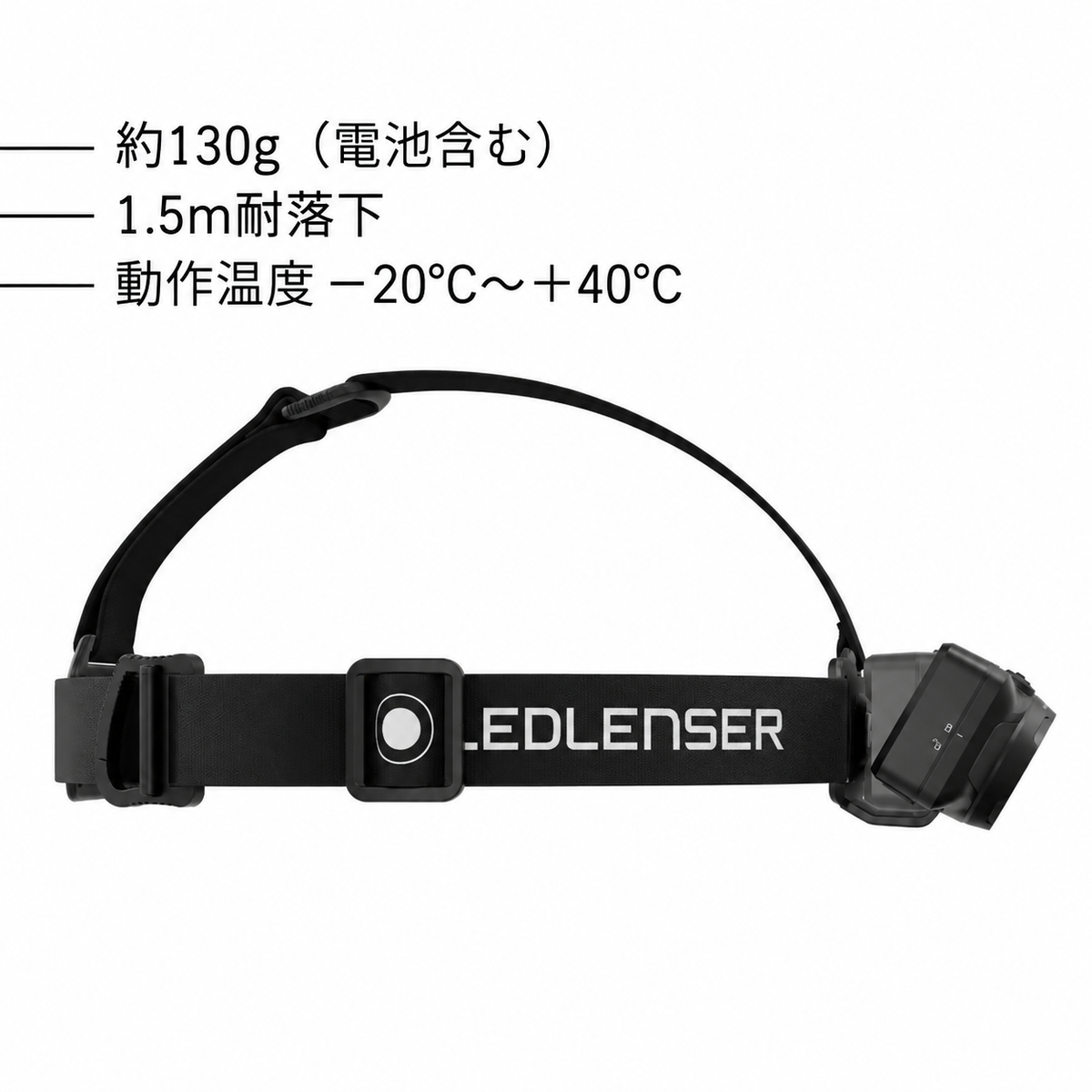約130g（電池含む）。1.5m耐落下。動作温度 −20°C～＋40°C