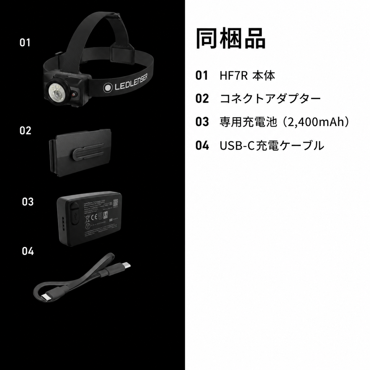 同梱品 01 HF7R 本体 02 コネクトアダプター 03 専用充電池（2,400mAh） 04 USB-C充電ケーブル
